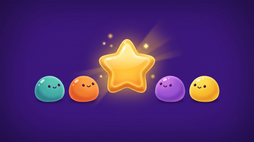 Vier fröhliche Gelee-Blobs bestaunen einen goldenen Stern