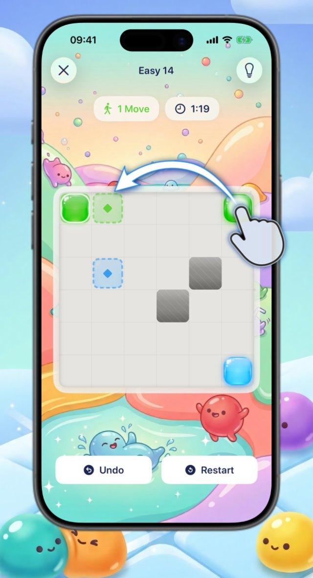 BlobSlide gameplay: a green jelly blob slides across the ice with a single swipe