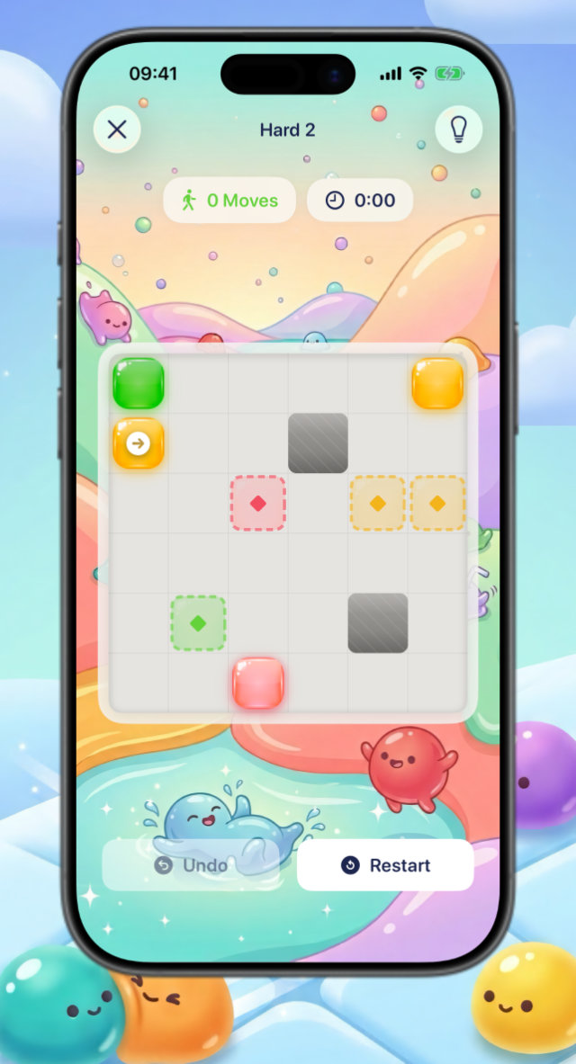 A tricky BlobSlide level with undo button and hint lamp