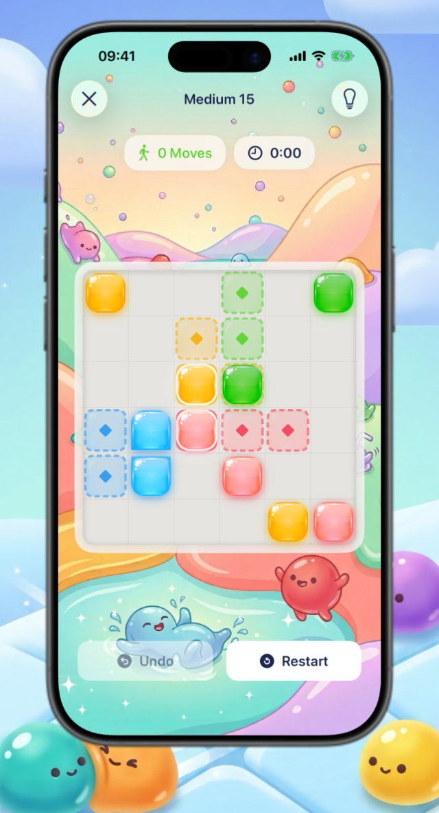 A BlobSlide level with colorful jelly blocks and target tiles on the board