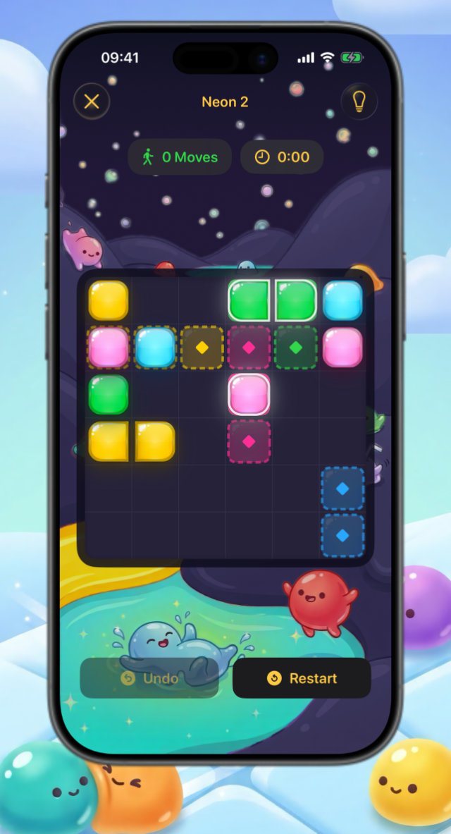 BlobSlide in the neon theme: glowing blocks on a dark board